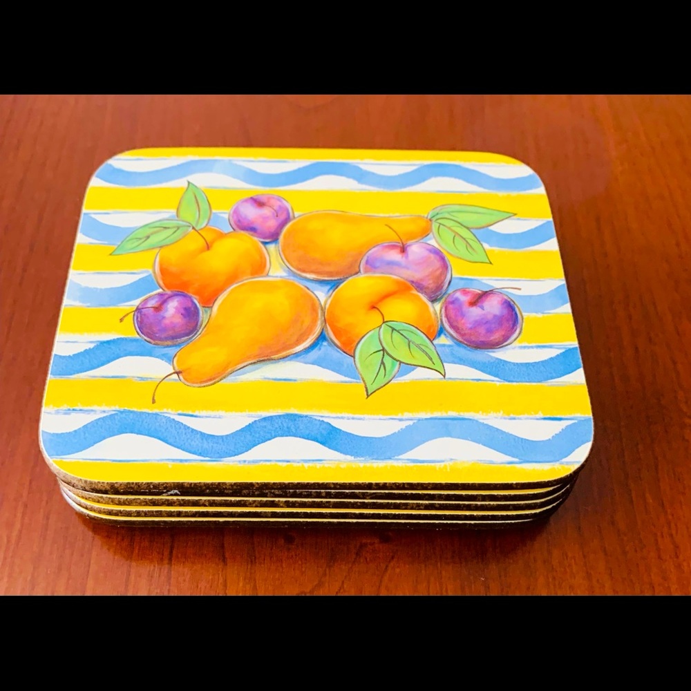 Set of 6 shiny Hard Coasters with colorful Fruits Print front & Cork Back NWT